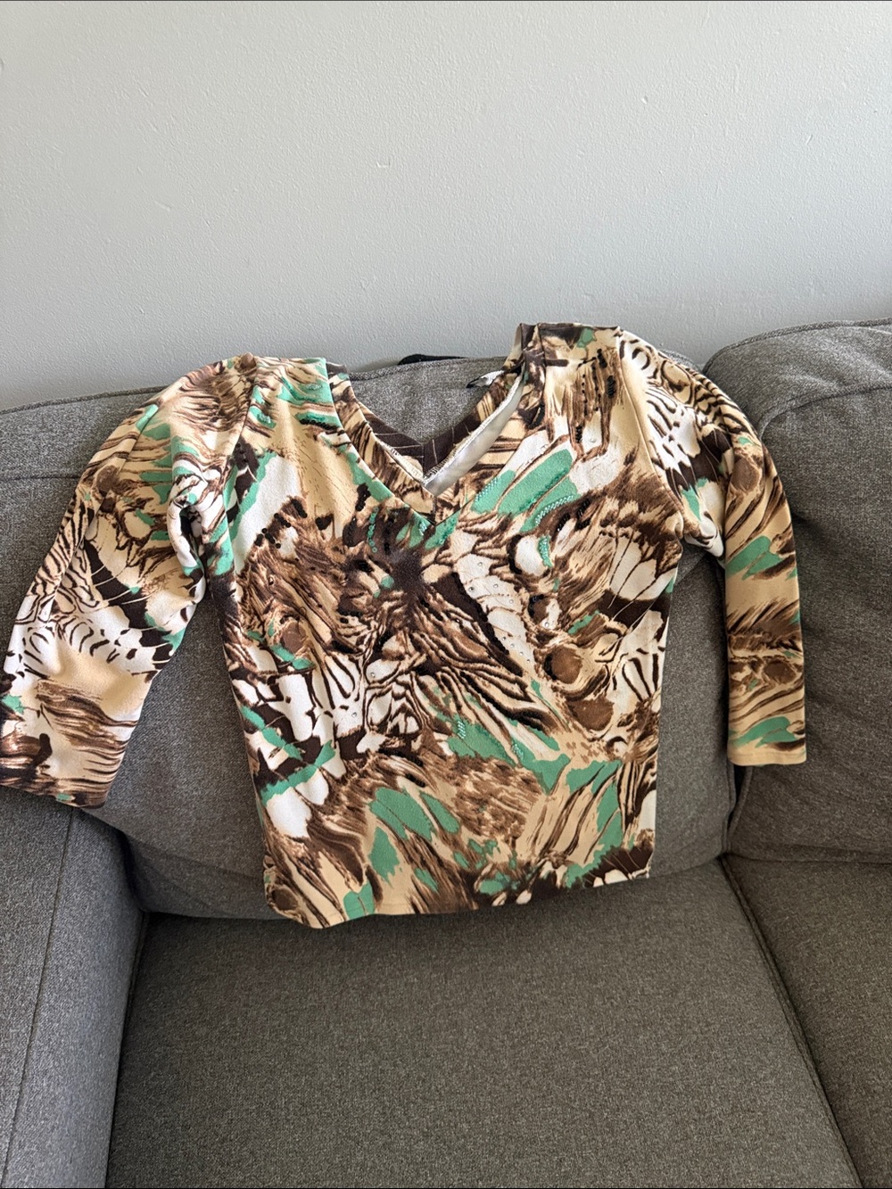 V-Neck Abstract Print Tunic in Brown, Cream & Mint